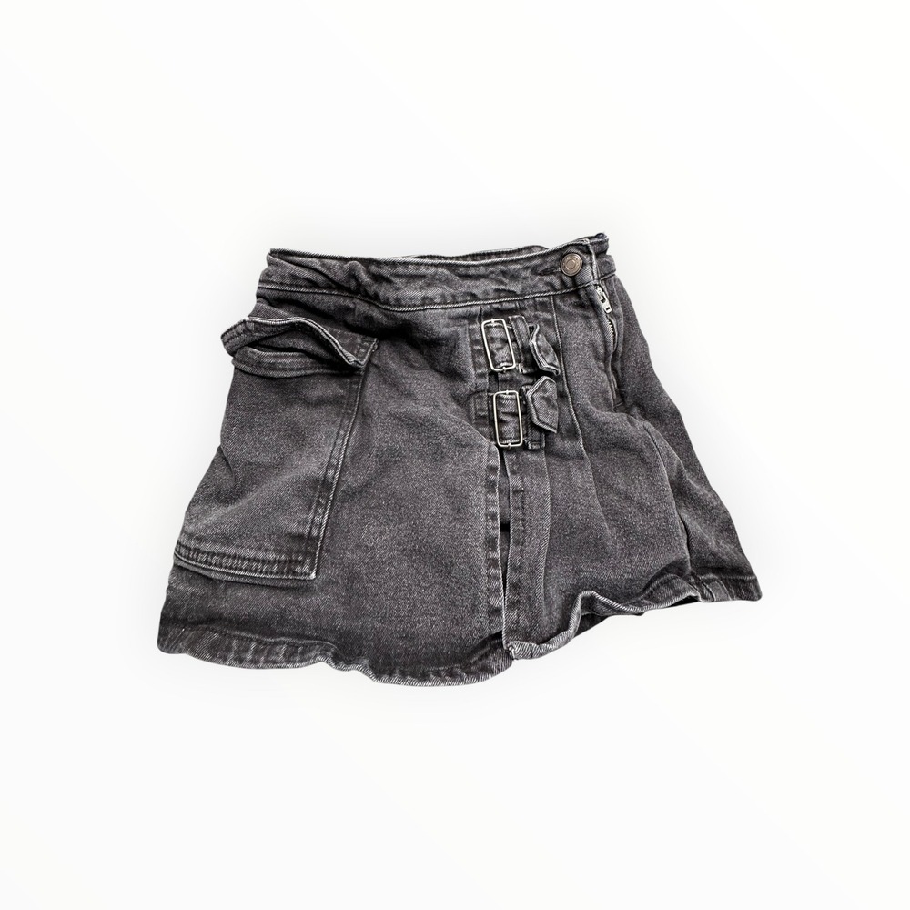 C&A Denim Skort Girls 9-10 Black Washed Cargo Double Buckle‎ Mini Skirt Shorts